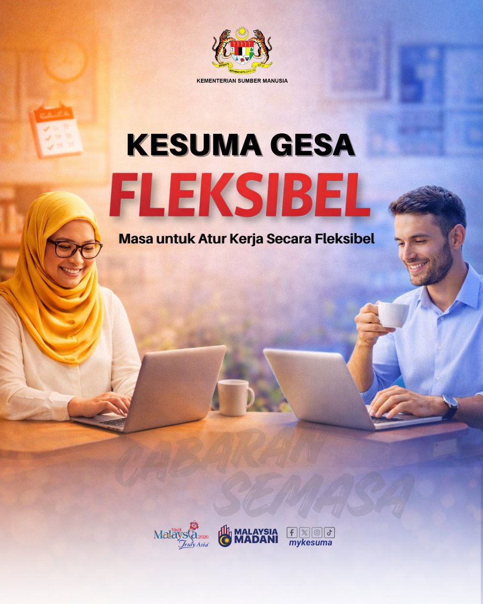 mykesuma's tweet photo. KESUMA Gesa: FLEKSIBEL

Aturan Kerja Fleksibel (AKF) membolehkan pekerja menyesuaikan waktu, hari dan lokasi kerja mengikut keperluan semasa.

Lebih fleksibel, lebih seimbang.

#KESUMAGesa #AKF #KerjaFleksibel #MalaysiaMADANI https://t.co/XRJSUVqJ01