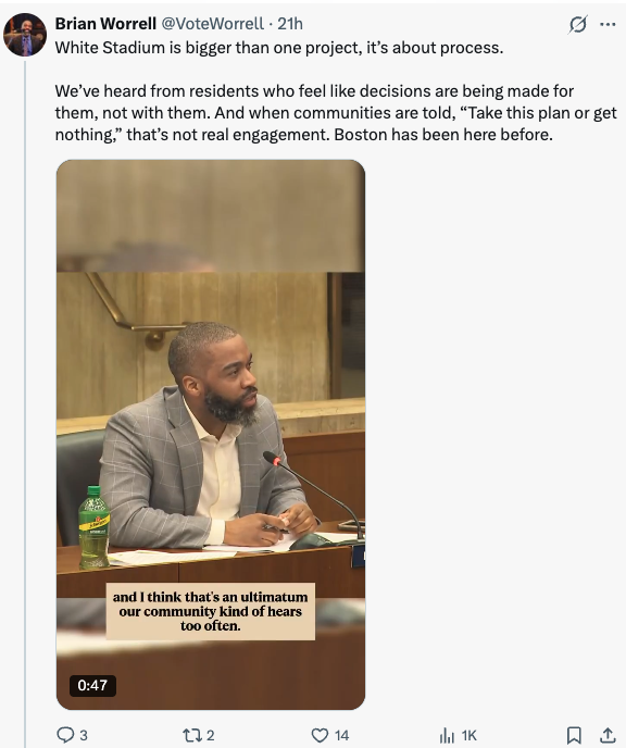 FlipsideBoston's tweet photo. Councilor Worrell dropped a post highlighting a hearing on White Stadium airing grievances about the mayor's project, including the lack of choice given the community: "You're either going to go with this option or you're not getting any investment in your neighborhood https://t.co/roH5JJYAwo