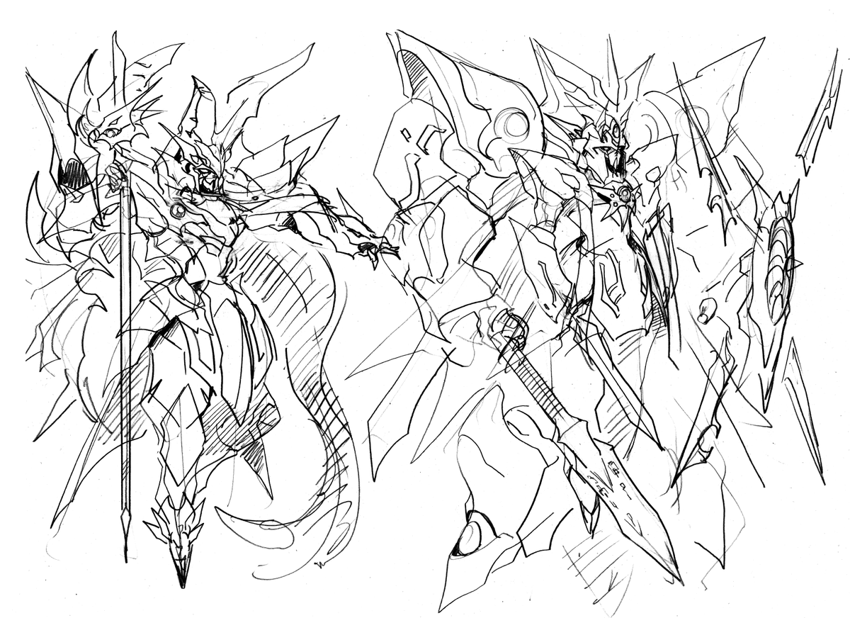 キングガンダムじゃないけど旧シャッフルの4人が騎兵に拠らずにリアル頭身の疑似神格くらいに至ったみたいなイメージの二次描いたことあった。1枚目の右側の奴 