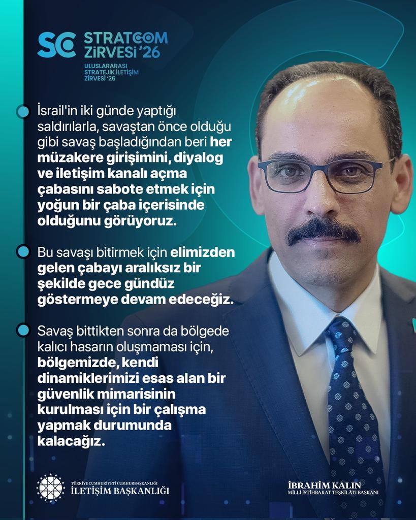 MİT Başkanı İbrahim Kalın:

"İsrail'in iki günde yaptığı saldırılarla, savaştan önce olduğu gibi savaş başladığından beri her müzakere girişimini, diyalog ve iletişim kanalı açma çabasını sabote etmek için yoğun bir çaba içerisinde olduğunu görüyoruz."

📍STRATCOM Zirvesi 2026