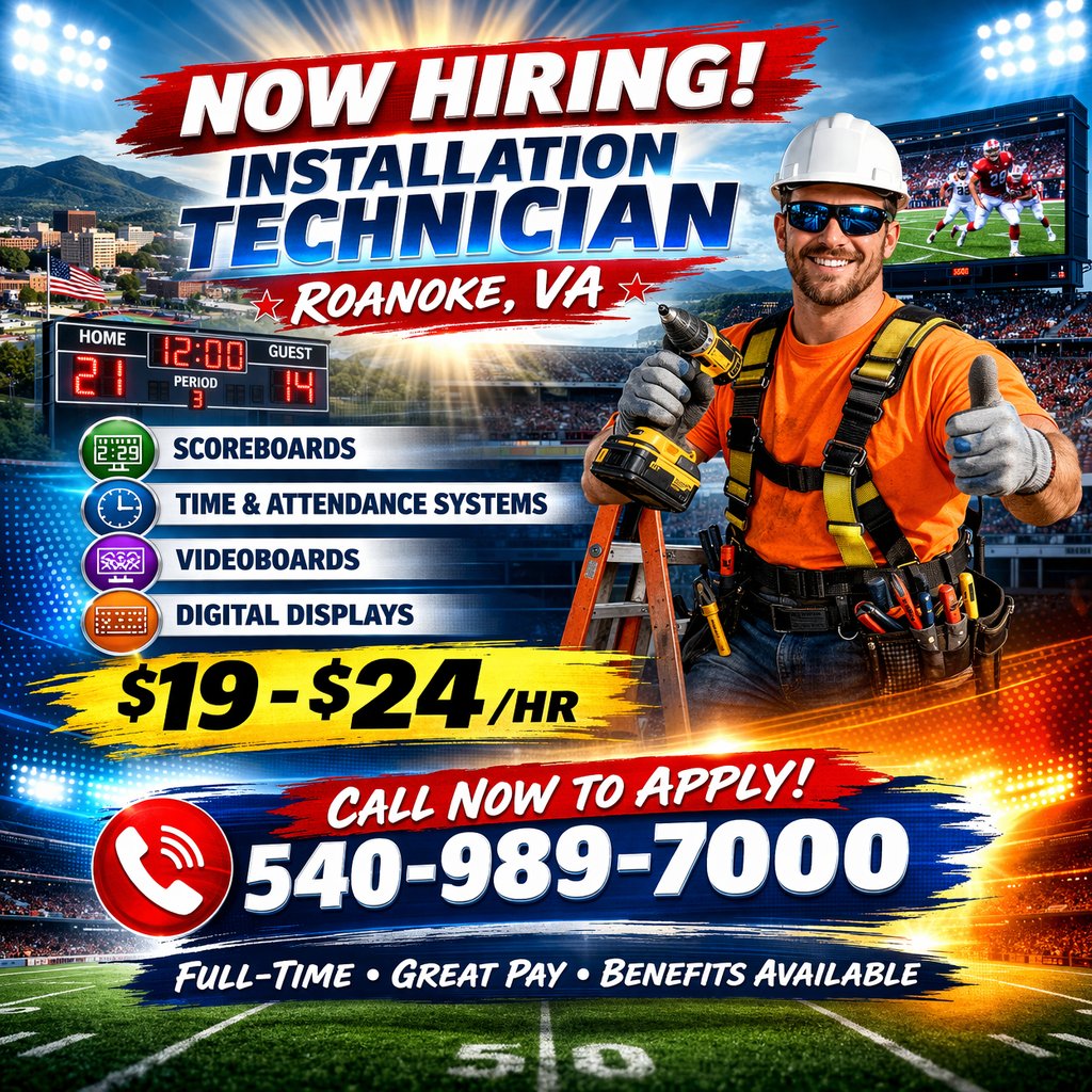 Now Hiring in Roanoke, VA! 📍 Join our team as an Installation Technician 💼 Earn $19–$24/hr installing scoreboards, digital displays, and more. Dependable? Skilled? Call 540-989-7000 today! #Jobs #Roanoke