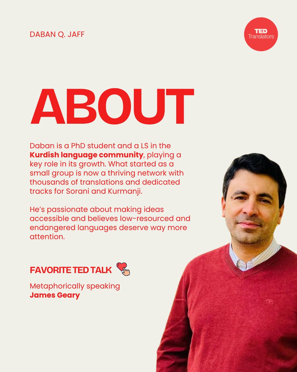 jaff_daban's tweet image. I’m excited to share that I will be attending the TED flagship conference this April in Vancouver.

Over the years, I have been working on translating TED Talks into Kurdish and supporting the growth of a Kurdish translator community.

 #Kurdish #TEDTranslators