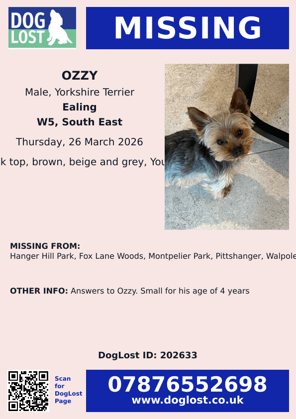 millypod1's tweet image. 🆘26 MAR 2026 #Lost Ozzy #ScanMe
YOUNG Yorkshire Terrier Male
Hanger Hill Park, Fox Lane Woods, Montpelier Park, Pittshanger, Walpole Park #Ealing #GreaterLondon #W5
doglost.co.uk/dog/202633