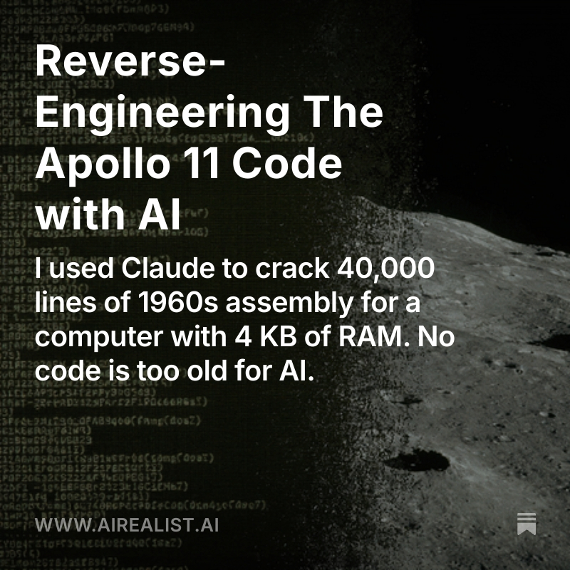 julsimon's tweet photo. I used AI to reverse-engineer the Apollo 11 source code.
@NASAArtemis is about to fly, the first crewed mission beyond low Earth orbit since 1972. It felt like the right moment to look at the software that got us there the first time.

40,000  lines of 1960s assembly. A 15-bit computer with 4 KB of RAM. A dead architecture that almost no one alive can read. I pointed @claudeai at it anyway.

The result: 6,500 lines of technical analysis covering the job scheduler, the restart system that saved the landing, the bytecode VM that made the code fit in memory, and the guidance equations that flew Armstrong and Aldrin to the surface.

The biggest surprise? The team invented patterns we think are modern: crash-only design (decades before Erlang), cooperative multitasking (decades before goroutines), virtual DOM diffing (decades before React), and bytecode interpretation (decades before the JVM).

"Our  codebase is too legacy for AI." I keep hearing this. If Claude can make sense of 1's-complement assembly for a computer with less RAM than a bank card chip, your Java monolith is going to be fine. No code is too old.

I shared the full walkthrough, including all prompts and what the AI got right and wrong, on @githubstatus

https://t.co/KSlT0TCB2p