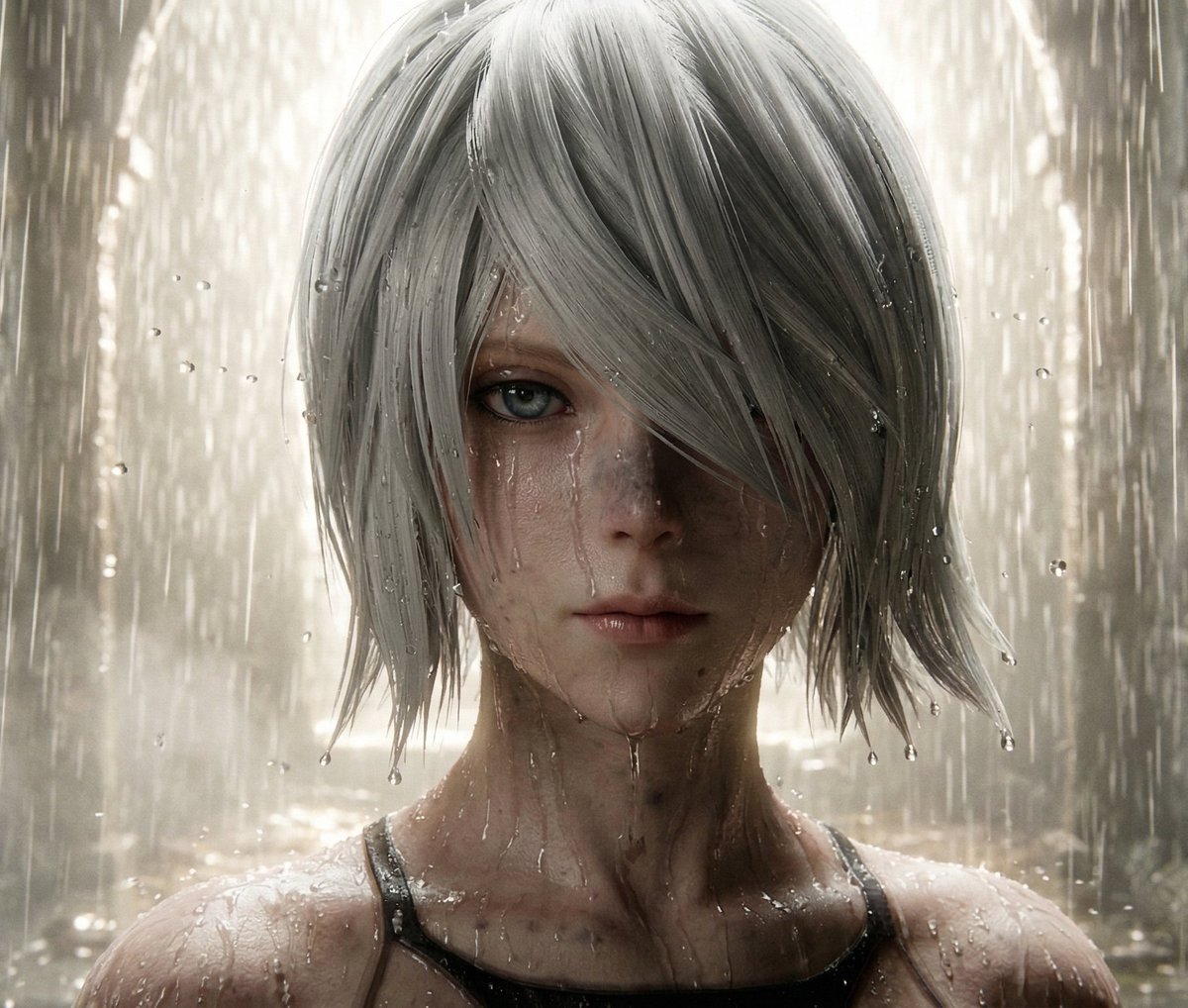 TKei4649's tweet image. #A2 #NieRAutomata #NieR　
Re-imagined with AI

雨が、私の頰を伝う。
人形に涙など必要ないはずだった。
それでも、この雨は、
忘れようとした“何か”を、
静かに思い出させる。

The rain traces my cheek.
A doll was never meant to shed tears.
Yet this rain quietly reminds me
Of something I