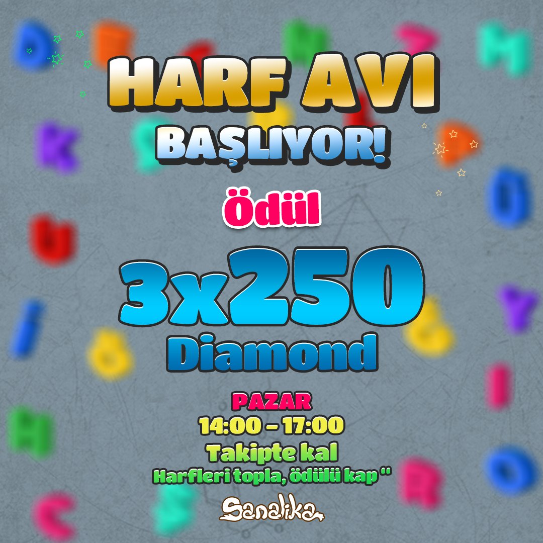 Sanalika's tweet image. Harf Avı Başlıyor! ✨

Oyun içerisinde karışık paylaşılacak harfleri toplayan ve son harften sonra belirlenen afişin altına doğru kelimeyi ilk yazan 3 Sanalikacı 250 Diamond sahibi oluyor...

Pazar günü saat 14.00 ile 17.00 arasında oyunda ol, yarışmayı kaçırma.
#harf #avı