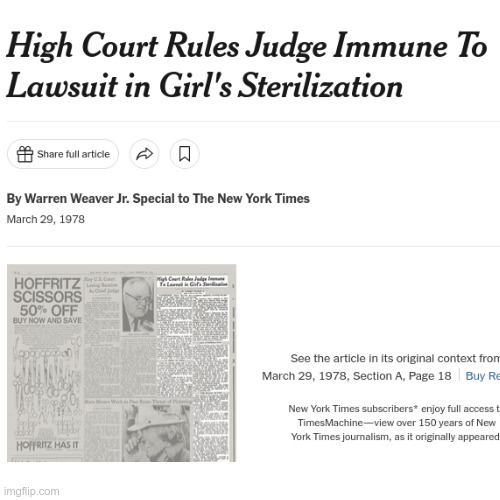 LiamOMaraIV's tweet image. The US was a leader in the vile #eugenics movement, and on #ThisDayInHistory in 1978 the #SCOTUS invented #JudicialImmunity for the permanent harm they can do to us. In the failed case a young woman had sued because her mother asked a judge to sterilize her without her knowledge.