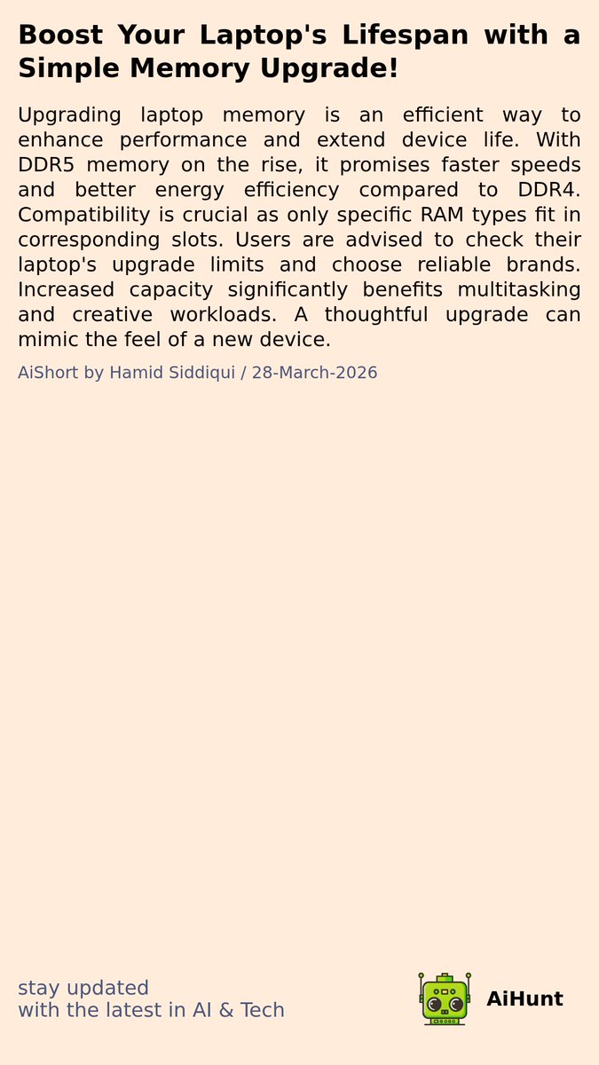 aihuntapp's tweet image. Is your laptop feeling sluggish? 🤔💻 Discover the secret to reviving its performance with a simple upgrade! ⬆️ But beware—compatibility is key! 🔍 Are you ready to unleash the full potential of your device? Find out more! #TechUpgrade #LaptopLife