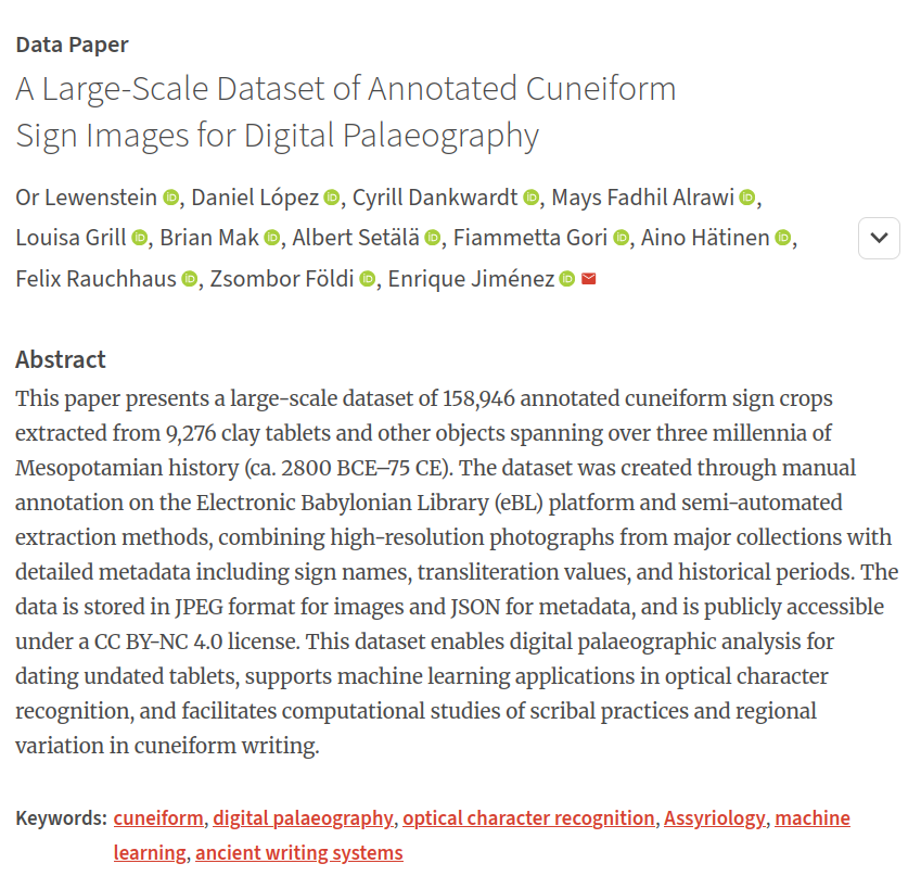up_johd's tweet photo. #johdpapers #datapaper
📚 A Large-Scale Dataset of Annotated Cuneiform Sign Images for Digital Palaeography
✍️ O. Lewenstein, D. López, C. Dankwardt, M. F. Alrawi, L. Grill, B. Mak, A. Setälä, F. Gori, A. Hätinen, F. Rauchhaus, Z. Földi, E. Jiménez
➡️ https://t.co/21xmjiY24z https://t.co/IAqLTskW5k