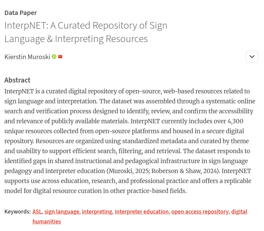 up_johd's tweet photo. #johdpapers #datapaper
📚 "InterpNET: A Curated Repository of Sign Language &amp; Interpreting Resources"
✍️ Kierstin Muroski
➡️ https://t.co/txvOSbDDTI
#DigitalHumanities #OpenData #SignLanguage #Accessibility https://t.co/kDDLSa9XDR