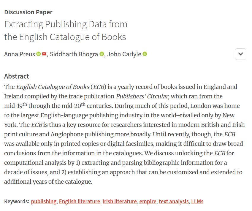 up_johd's tweet photo. #johdpapers #datapaper
📚 Extracting Publishing Data from the English Catalogue of Books
✍️ Anna Preus, @thefakebhogra, John Carlyle
➡️ https://t.co/Qb2eg5sGRf 
#PublishingData #OpenData #BookHistory #Bibliography https://t.co/TwPJGbvubg