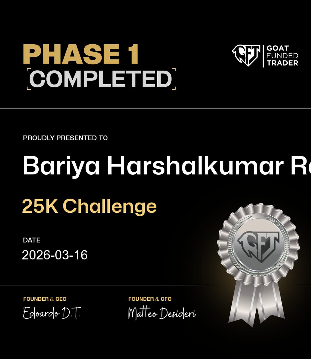 BariyaHarshal's tweet photo. “Phase 1 Completed ✅🔥

Hard Work, Discipline &amp; Patience Paying Off 💙
Proud Moment With Goat Funded Trader 🚀
Next Target → Phase 2 🎯

@GoatFunded
@EdwardXLreal

#GFT #Forex #Traders #Phase1 #RoadToFunded” https://t.co/qa7mwO1VYD
