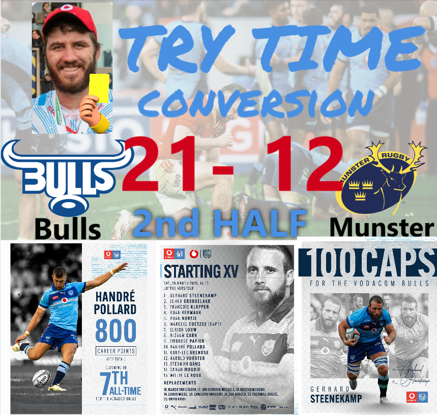 cbdoilRSA's tweet image. Vodacom #URC | Vodacom United Rugby Championship - URC 
Vodacom Bulls
Match Details : 
Date: Saturday, 28 March 2026
Opponent: Munster
Venue: Loftus Versfeld Stadium, Pretoria
Competition: United Rugby Championship 
Bull kicked off from right to left 

#trytime #conversion 

2nd