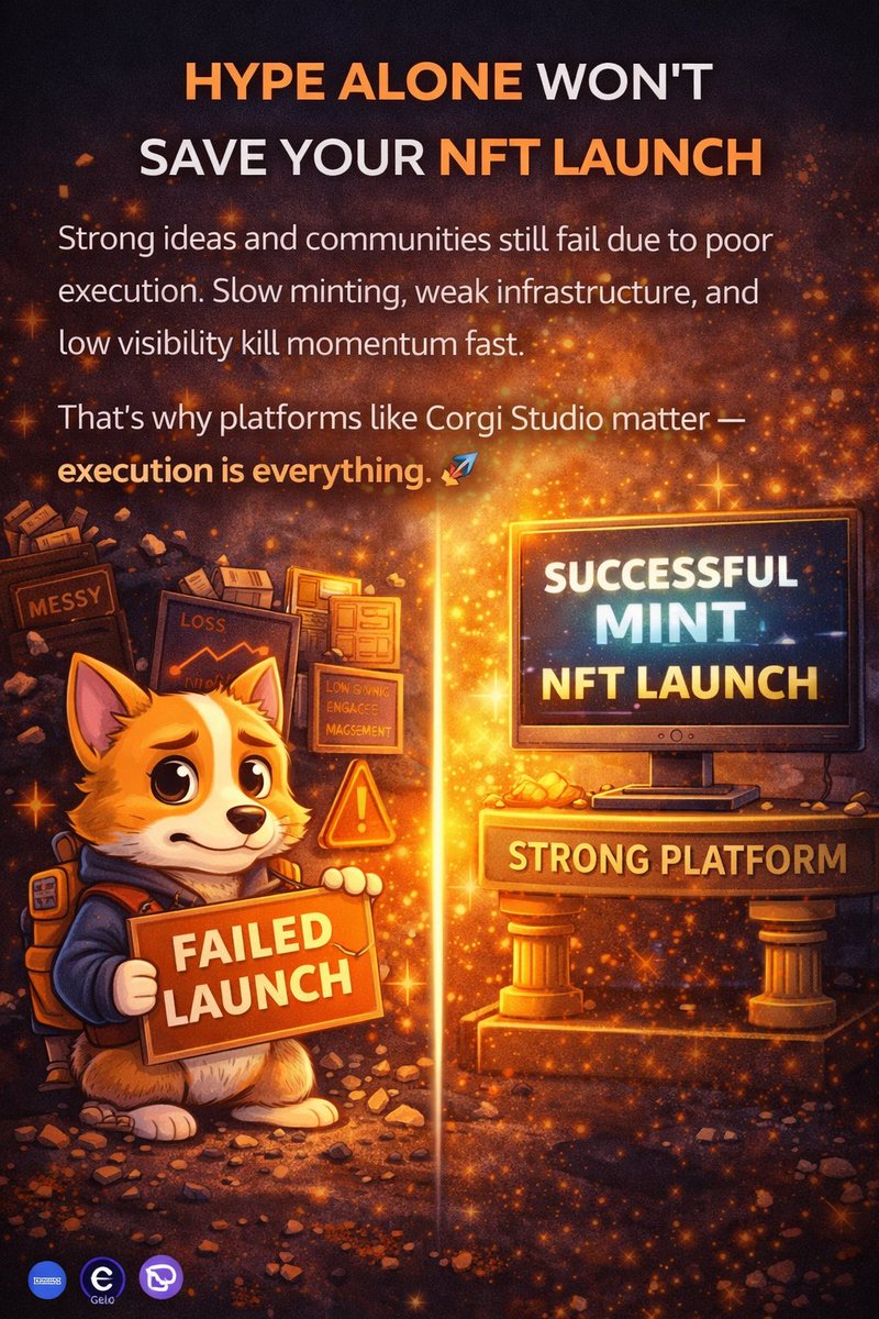 Tjay_sznn's tweet image. If your NFT launch relies on hype and luck, you’re already at risk.

Strong ideas and communities still fail due to poor execution.

Slow minting, weak infrastructure, and low visibility kill momentum fast.

That’s why platforms like Corgi Studio matter 🚀
#corgistudio #base