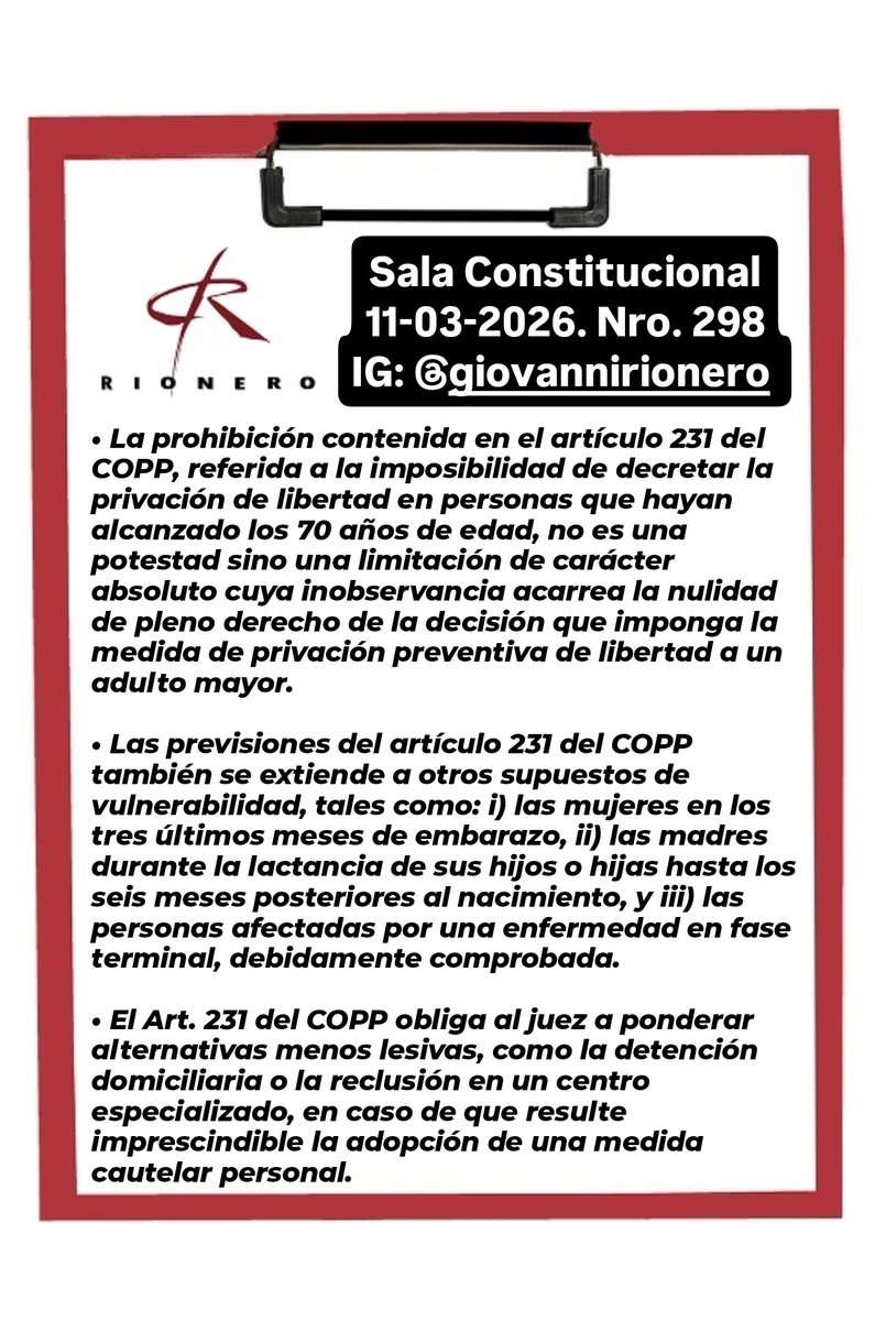 #PrivativaDeLibertad Reciente sentencia en la cual se precisa que la inobservancia de las limitaciones previstas en el Art. 231 del COPP acarrea la nulidad absoluta de la decisión judicial que imponga la medida privativa de libertad en esos casos.