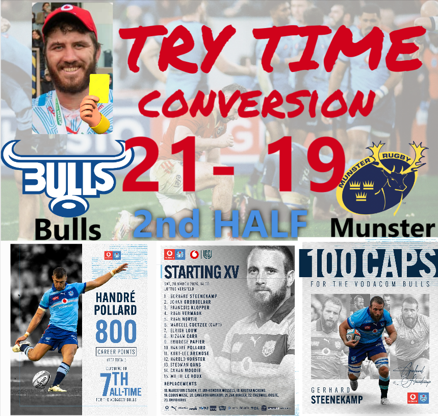 cbdoilRSA's tweet image. Vodacom #URC | Vodacom United Rugby Championship - URC 
Vodacom Bulls
Match Details : 
Date: Saturday, 28 March 2026
Opponent: Munster
Venue: Loftus Versfeld Stadium, Pretoria
Competition: United Rugby Championship 
Bull kicked off from right to left 

#trytime #conversion 

2nd