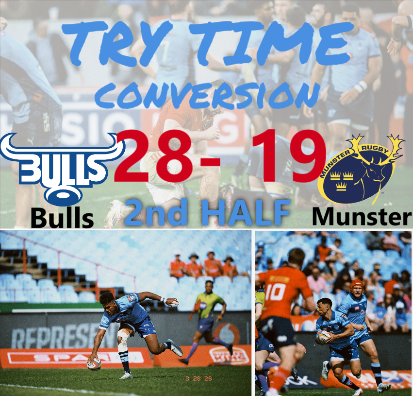 cbdoilRSA's tweet image. Vodacom #URC | Vodacom United Rugby Championship - URC 
Vodacom Bulls
Match Details : 
Date: Saturday, 28 March 2026
Opponent: Munster
Venue: Loftus Versfeld Stadium, Pretoria
Competition: United Rugby Championship 
Bull kicked off from right to left 

#trytime #conversion 

2nd