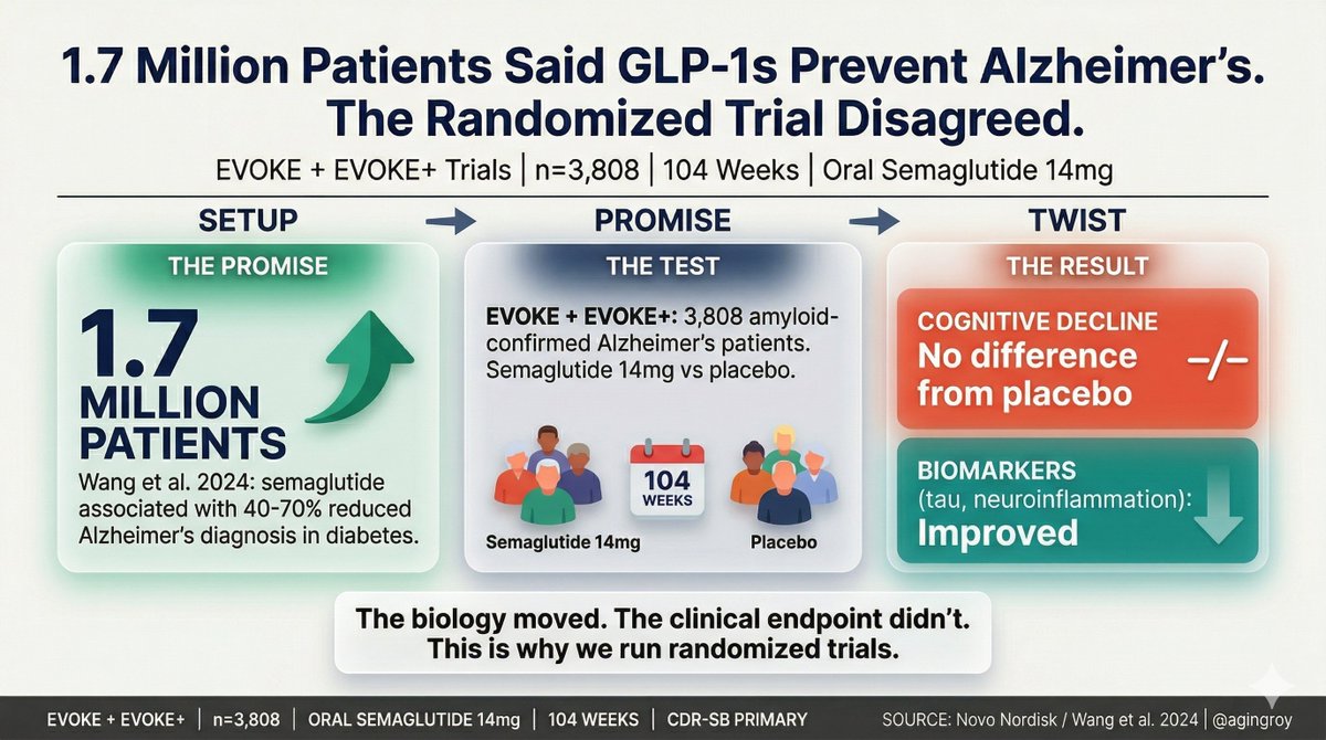 agingroy's tweet image. 1.7 million patients. 40-70% reduced Alzheimer's risk. Then @novonordisk ran the clinical trial.

Semaglutide (the drug in #Ozempic and Wegovy) produced one of the strongest prevention signals in Alzheimer's research. Wang et al. (2024) tracked 1.71 million US diabetes patients:
