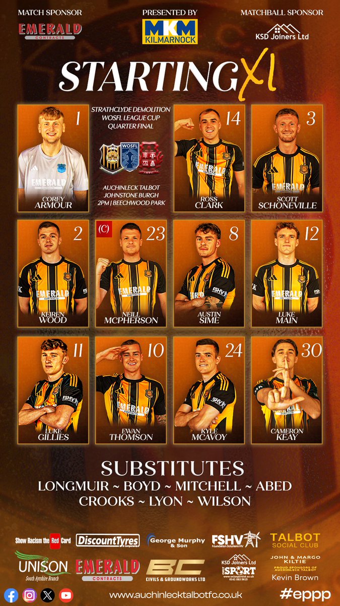 atfc1909's tweet photo. 𝐒𝐭𝐚𝐫𝐭𝐢𝐧𝐠 𝐗𝐈 against Johnstone Burgh

Brought to you by MKM Kilmarnock

Armour starts on his return. Main returns from suspension. Thomson replaces Boyd from the front three at Largs.

#eppp https://t.co/Dr3ffR9qxI