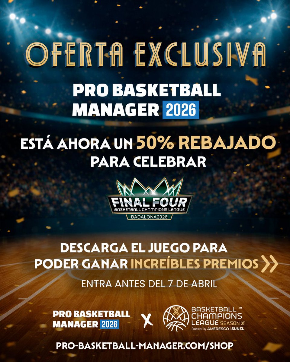 GIGANTESbasket's tweet photo. 🕹️🏀El videojuego @PBasketManager baja su precio: al 50% por la Final Four de la @BasketballCL. Solo 14,99 eur.

Además, entre toda la gente que lo compre estos días,  sorteo de:

✈️ UN VIAJE VIP PARA 2 a la Final Four (Vuelos y Hotel 4* incluidos)
👕 2 CAMISETAS FIRMADAS de tu equipo favorito de la BCL
🏀 3 BALONES oficiales de la Final Four