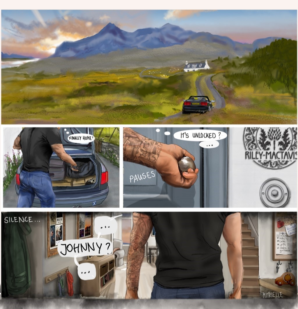 mitrielle's tweet image. Simon has retired and can go home to his family. But  when he gets there, bad memories and forebodings resurface.  
Here's the angsty Comic I promised. 
Instead of the planned 2, it  became 4 pages + 2 Bonus pages. #Ghoap #GhostSoap #SoapGhost #SimonGhostRiley #JohnSoapMacTavish