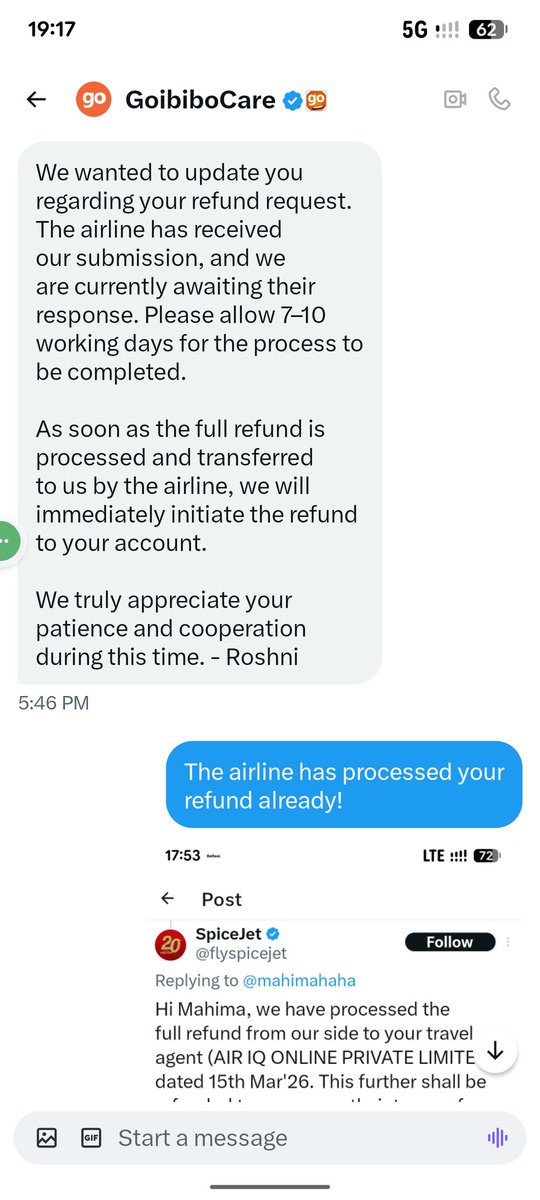 mahimahaha's tweet photo. @flyspicejet Please see the screenshot they are saying they haven't received the refund https://t.co/Ou8az7D6Rk