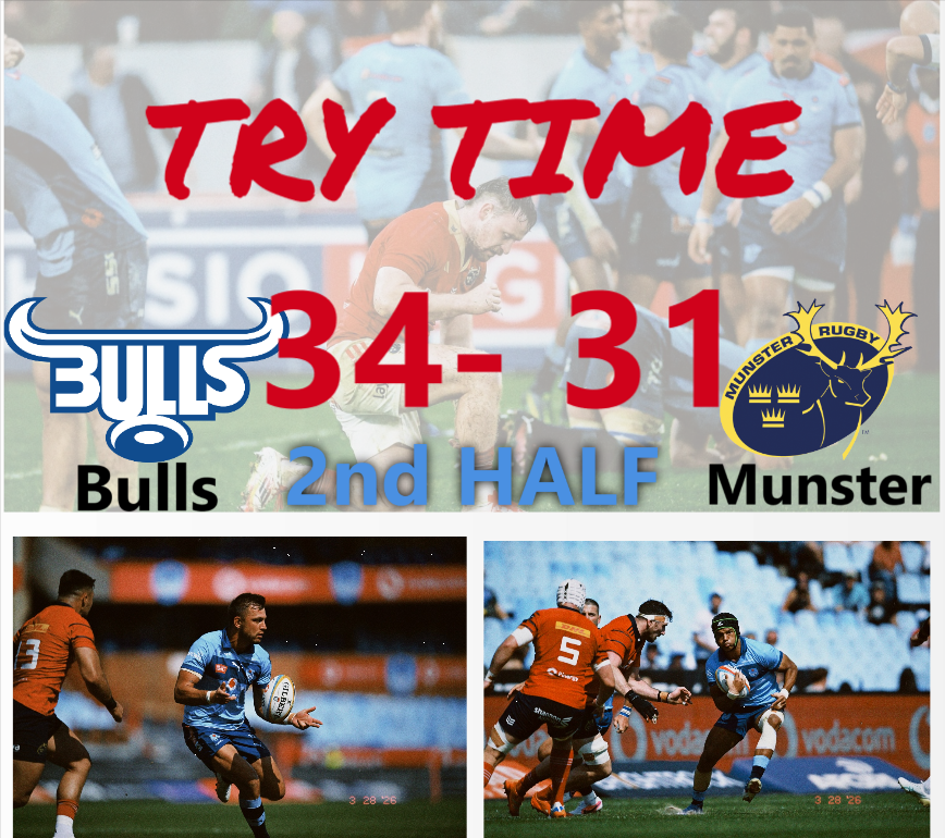cbdoilRSA's tweet image. Vodacom #URC | Vodacom United Rugby Championship - URC 
Vodacom Bulls
Match Details : 
Date: Saturday, 28 March 2026
Opponent: Munster
Venue: Loftus Versfeld Stadium, Pretoria
Competition: United Rugby Championship 
Bull kicked off from right to left 

#trytime 

2nd HALF 
Blue