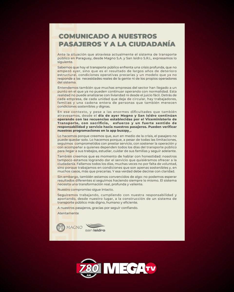 MAGNO S.A. Y SAN ISIDRO S.R.L. RATIFICAN QUE MANTIENEN SUS FRECUENCIAS PESE A LA CRISIS DEL TRANSPORTE PÚBLICO |

➡️Las empresas Magno S.A. y San Isidro S.R.L. informaron que, a pesar de la grave crisis que atraviesa el sistema de transporte público en Paraguay, continúan