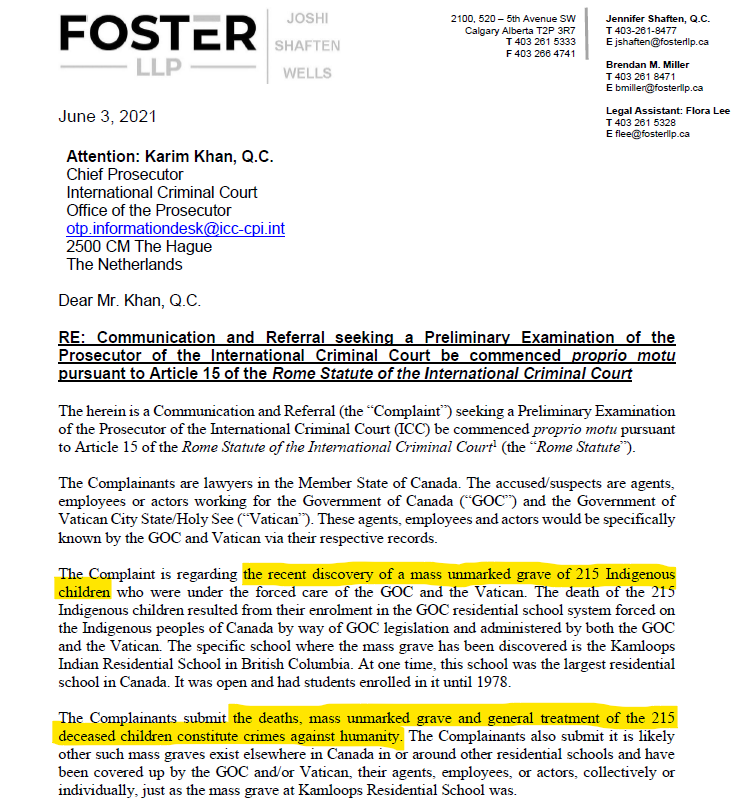 COUNTDOWN: 60 days until the fifth anniversary of the #Kamloops215Deception.  Today's issue is that, on June 3, 2021, 22 lawyers filed a complaint with the International Criminal Court about "the recent discovery of a mass unmarked grave of 215 Indigenous children".  "The