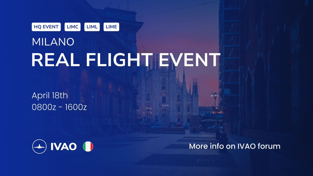 ivaoaero's tweet image. ✈️ Milano RFE 2026

📅 April 18th
⏰ 08:00z–16:00z

One of IVAO’s most awaited events returns! Expect full ATC, heavy traffic &amp;amp; maximum realism.

⚠️ Booking recommended (unbooked = delays/diversions)
🔗 booking.it.ivao.aero

“As real as it gets.”

#IVAO #MilanoRFE #FlightSim
