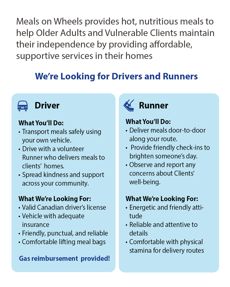 Meals on Wheels is looking for Volunteer Drivers and Runners to help deliver hot, nutritious meals and provide friendly check-ins to Older Adults and Vulnerable Clients in our community.

Learn more about Volunteer Roles and submit an application at:
mealsonwheelsandmore.ca/volunteer