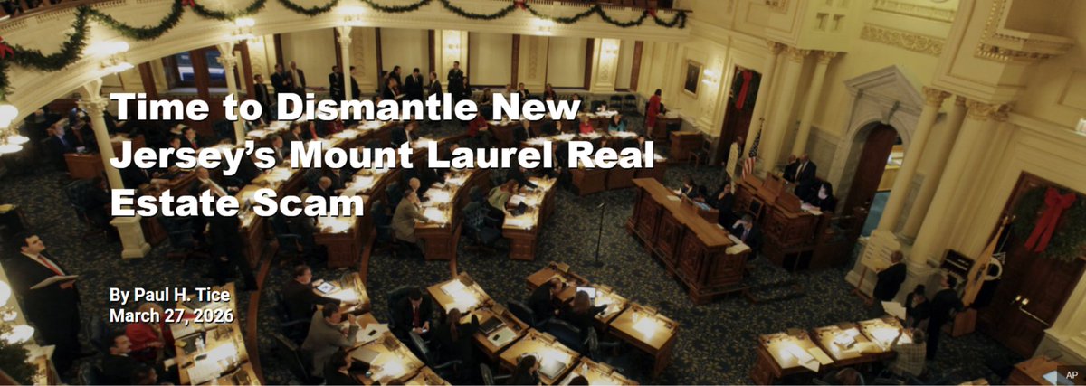 PaulHTice's tweet photo. My latest opinion piece in RealClearPolitics on the New Jersey real estate scam otherwise known as the Mount Laurel doctrine, as seen through the eyes of tiny Mendham Borough in Morris County.

“The current coercive and inequitable system where private real estate developers serve as legal enforcers and leverage arbitrary fair share mandates to run roughshod over local zoning and effectively urbanize suburban towns is not what New Jersey’s Supreme Court had in mind when it issued its foundational affordable housing ruling back in 1975.”

Check out the op-ed here: https://t.co/BGoYVDNsQQ

@EnergyRealities @MarkPMills @TPPF @ManhattanInst @SFOF_States @Heritage @AEI @aier @CFAinstitute @FIASI_NY @MendhamBoroNJ @MenChesPatch @GSI_NewJersey @wakeupnj @fight4newjersey @MayorGhassali 

#newjersey #politics #affordablehousing #mountlaurel #mendham #gardenstate #realestate #lowincome #trenton #finance #markets #investing