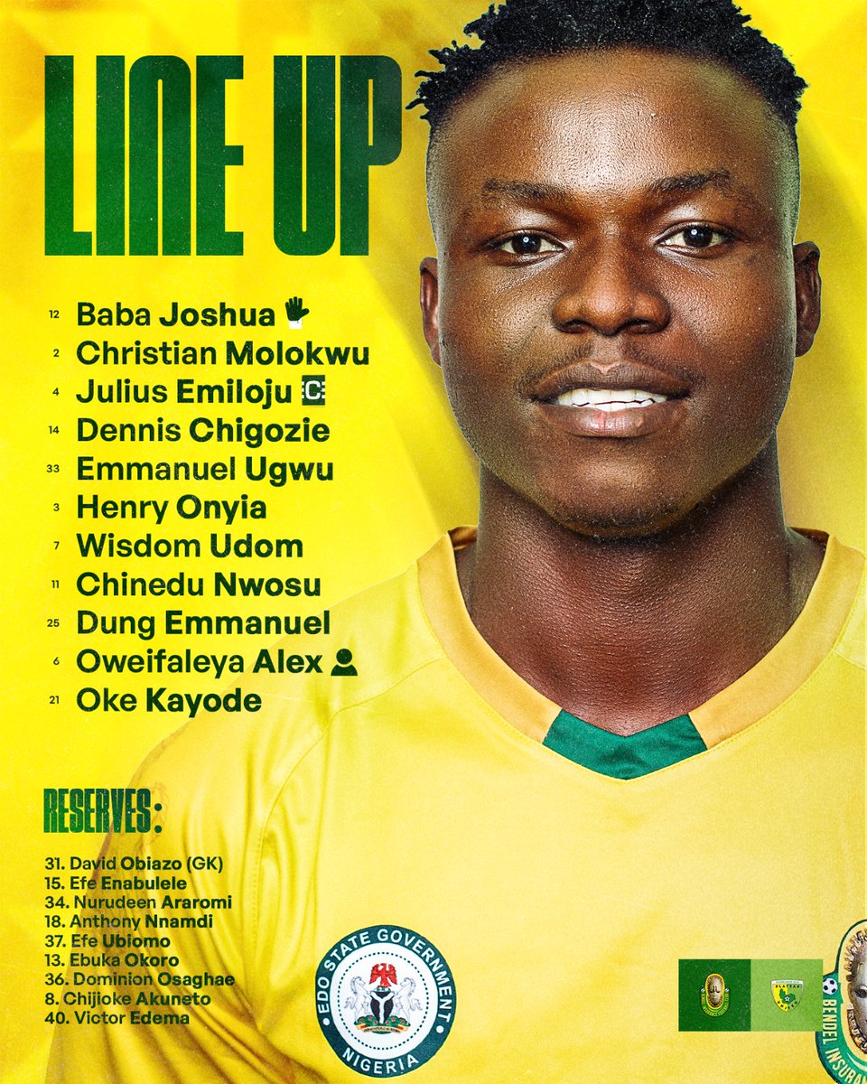 This is how we line up against Plateau United at the Samuel Ogbemudia Stadium. 

Locked in. Ready for the battle. 💪
Let’s go out there and get the job done!
Adaa Bendel!
#NPFL26 #Matchday
