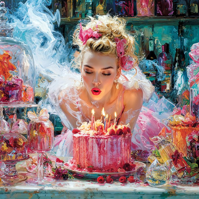 NftSunage's tweet photo. gm 🖤🖤 happy weekend! have lots of fun! 🥰

What an incredible day was yesterday!! Bday is over but I want to send a huge shout out to everyone who celebrated it with me and for all the lovely wishes!! Much love to all of you! 🥰🥰💜💜

🚨Last 12 hours on this OE!! 30 editions SOLD!! 🥳🥳🥳 

Wish in the Quiet Glow 🎂💜
She bent toward the waiting candles, feeling the soft hush that rises when a wish forms. The table shimmered with delights that seemed to cheer her on. As the flame surrendered to her breath, something gentle unfurled within her, a private promise blooming in the warmth of celebration.

🔗👇
