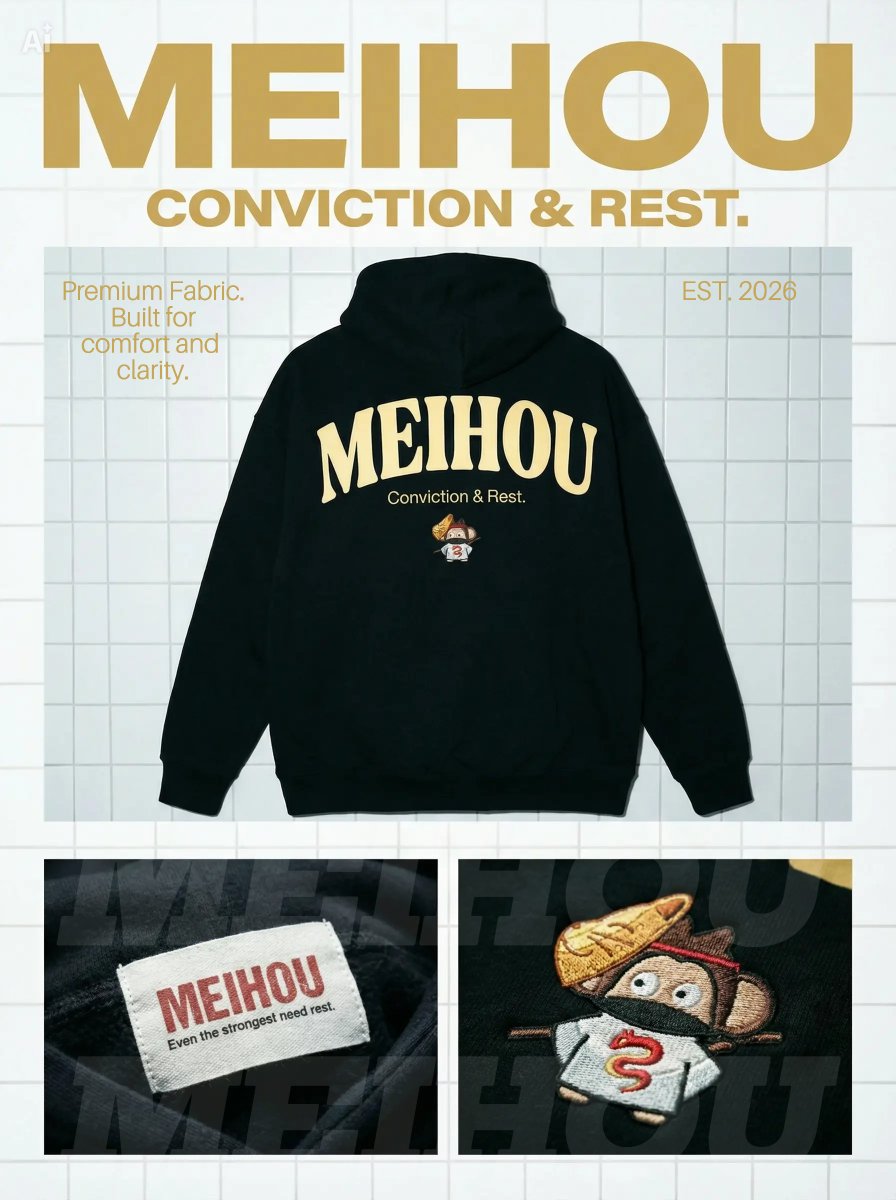 rafalors's tweet photo. Built a full merch identity using CapCut AI Design Agent. Hoodie, stickers and posters all centered to my character Meihou. 

Conviction and Rest.

#capcutaidesign #capcutbranddesignchallenge @capcutapp https://t.co/yZCCPVigdK