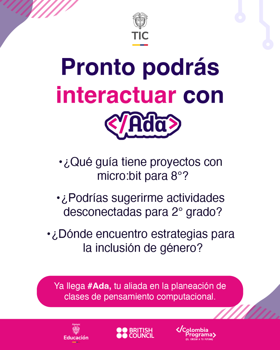 Ministerio_TIC's tweet photo. ¿Quieres planear tus clases y actividades usando las guías de pensamiento computacional de #ColombiaPrograma? Encuentra rápidamente lo que necesitas gracias a nuestra asistente que:

• Conoce cada guía al detalle
• Recomienda según el grado y el contexto
• Brinda sugerencias de inclusión 
¡#Ada, tu compañera de planeación de clases está por llegar!

@britishcouncilcol @mineducacioncol   
@BritishCouncilColombia @ciberpazcolombia