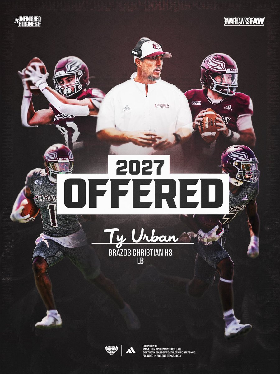 ty_urban99's tweet photo. I am extremely honored and blessed to receive an offer from @McMURRYFOOTBALL and @IamCoachWash 
@brazos_football @RockPerkins52 @SATXrecruiting @TXPSMedia https://t.co/0nosGdxvMb