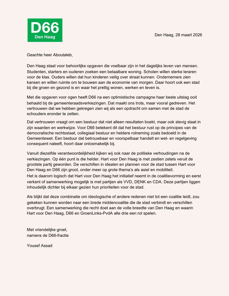 _YousefAssad's tweet photo. Vandaag was ik samen met fractiegenoot Marije Mostert in gesprek met verkenner Ahmed Aboutaleb. 

De onderstaande brief vormde de basis voor ons gesprek over de inzet van D66 Den Haag. https://t.co/W9wzuIP3fn