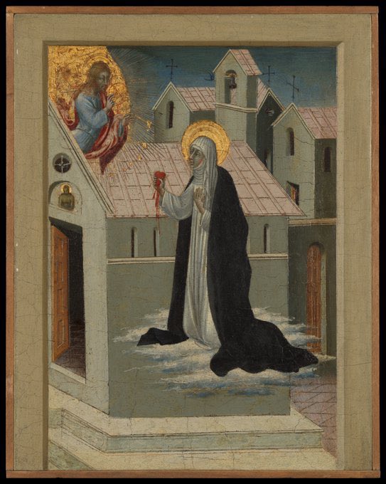 jdmccafferty's tweet image. St Catherine of Siena Exchanging Her Heart with Christ by Giovanni di Paolo  di Grazia, c.1460-1482  
Catherine, a Dominican tertiary, was a mystic as well as minister to the poor and #plague-stricken. (Met Museum