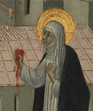 jdmccafferty's tweet image. St Catherine of Siena Exchanging Her Heart with Christ by Giovanni di Paolo  di Grazia, c.1460-1482  
Catherine, a Dominican tertiary, was a mystic as well as minister to the poor and #plague-stricken. (Met Museum