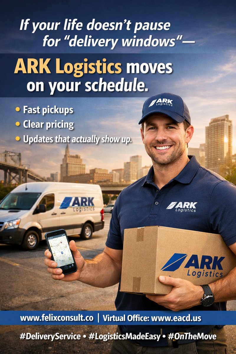 felabayomi's tweet image. If your life doesn’t pause for “delivery windows” —
ARK Logistics moves on your schedule.
Fast pickups, clear pricing, updates that actually show up.

felixconsult.co
Virtual Office- eacd.us

#DeliveryService #LogisticsMadeEasy #OnTheMove