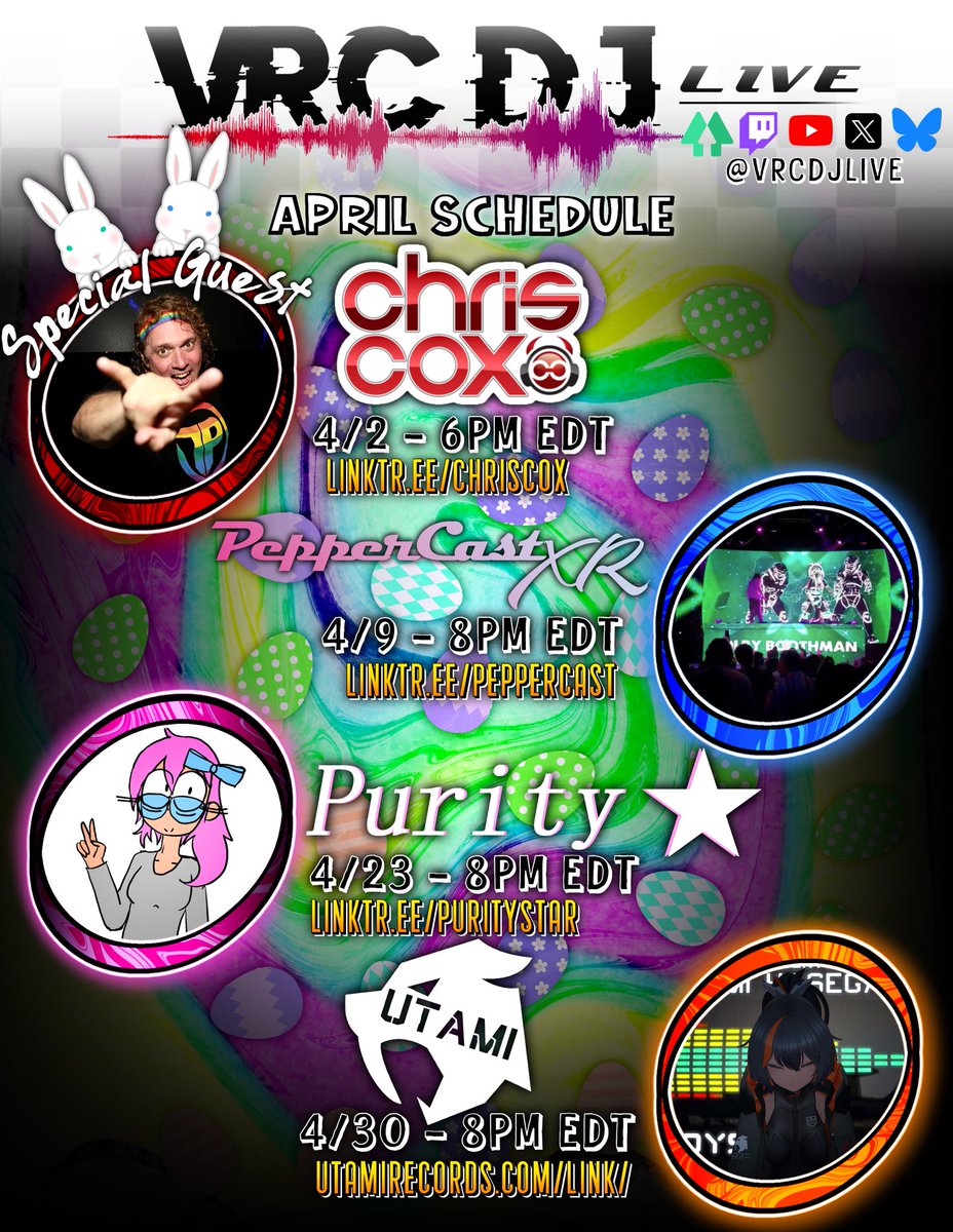 VRCDJLIVE's tweet photo. As we continue to step into the future, we learn to embrace the new technology - how it’s adapted will define the year. This month, our guests will inspire you to create and innovate!

#ChrisCox
@pepper_cast 
@PurityStar36 
@UtamiHasegawa 

https://t.co/EsVXIHFCjL https://t.co/i1WIaffbDV