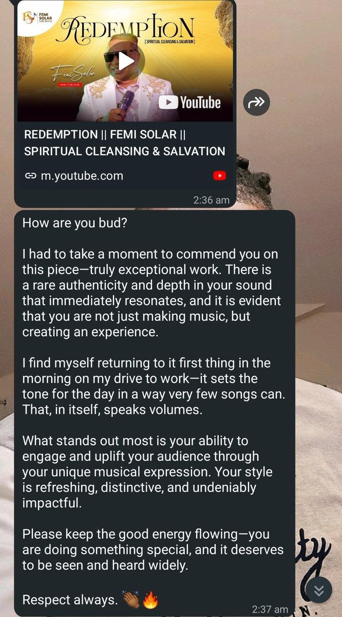 femisolar's tweet photo. I don’t take messages like this for granted… 🙏🏾
Knowing my music is part of someone’s daily life is a blessing. Real feedback > everything. Glory to God.

This is the standard.
Not just music… an experience!
Appreciate everyone tuning in.
The ones listening can feel it already…
We’re building something real. 🙏🏾

REDEMPTION is here!
Available on all platforms 🎶
YouTube Video 👉🏻 
https://t.co/b5d4UhCJWB

Herenow Link 👉🏻
Link to all platforms!
https://t.co/yyc6Xxjayo

Also available on YouTube Music
& Audiomack! 

Keep streaming!
You’re blessed 🙌

#Redemption #Afrobeats #NaijaMusic #NewMusic #ChristianMusic