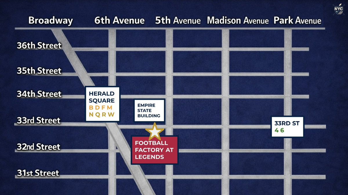 We'll see you today at 2pm (meet and greet begins) at the Football Factory at Legends for our watch-along with CBS!  Please note that Legends is right behind the Empire State Building and is easily accessible via the B, D, F, M, N, Q, R, W, 4, and 6 trains.  See you soon!