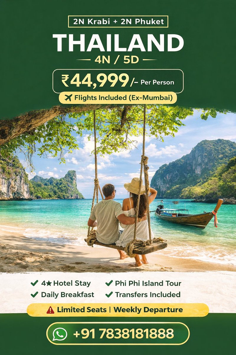 CardinalHoliday's tweet photo. Thailand @ ₹44,999 😳✈️

Flights + 4★ Hotels + Tours included

Limited seats!

WhatsApp: 7838181888
#Thailand #TravelDeals https://t.co/E3XtBuQRPY