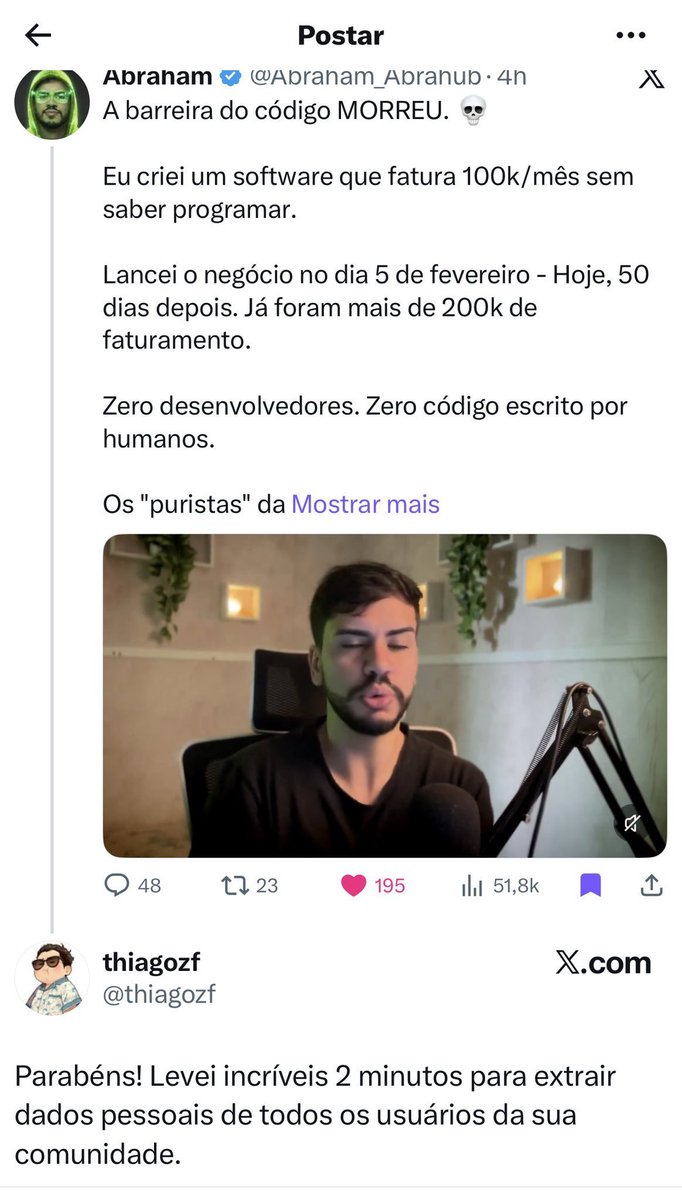 garaujodev's tweet photo. Today “we” learned:

Engenharia de software não é “só” escrever código

Uma pessoa não técnica vibecodando é como deixar uma panela de pressão no fogo e sair de casa: uma hora aquela merda vai explodir. https://t.co/9GPdoglWzv