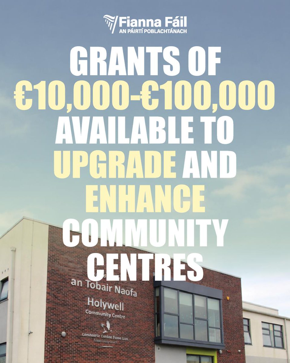BrendanSmithTD's tweet photo. Does your community centre need to be upgraded?

The Minister for Rural and Community Development Dara Calleary TD has announced details of the Community Centre Investment Fund 2026.

Grants from €10,000 up to €100,000 are available for refurbishment works like roofs, energy upgrades, accessibility, kitchens and repairs
🏘️ Nearly 1,650 community centres upgraded and new centres delivered in recent years

Prepare early and get quotes ready for your application ✅
Fianna Fáil is prioritising strong, connected communities and is determined to continue delivering real investment in local facilities

@daracalleary 
@angloceltnews 
@NewsonNS