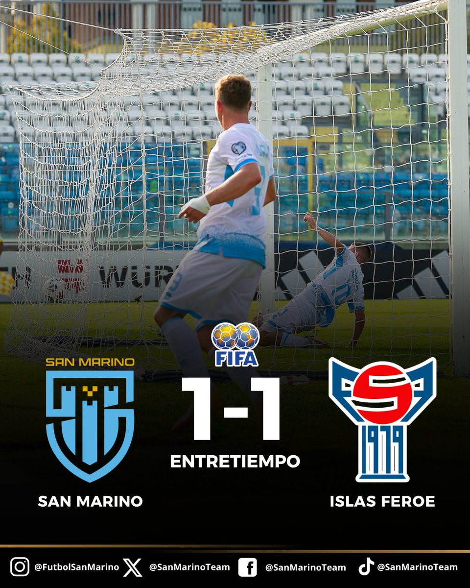 SanMarinoTeam's tweet photo. Final del primer tiempo. 

🇸🇲 San Marino 1-1 Islas Feroe 🇫🇴

Lo ganábamos bien pero nos robaron en el último minuto con un gol en offside. No sé si estamos jugando con las Islas Feroe o el Real Madrid. https://t.co/nGixhl8AMb