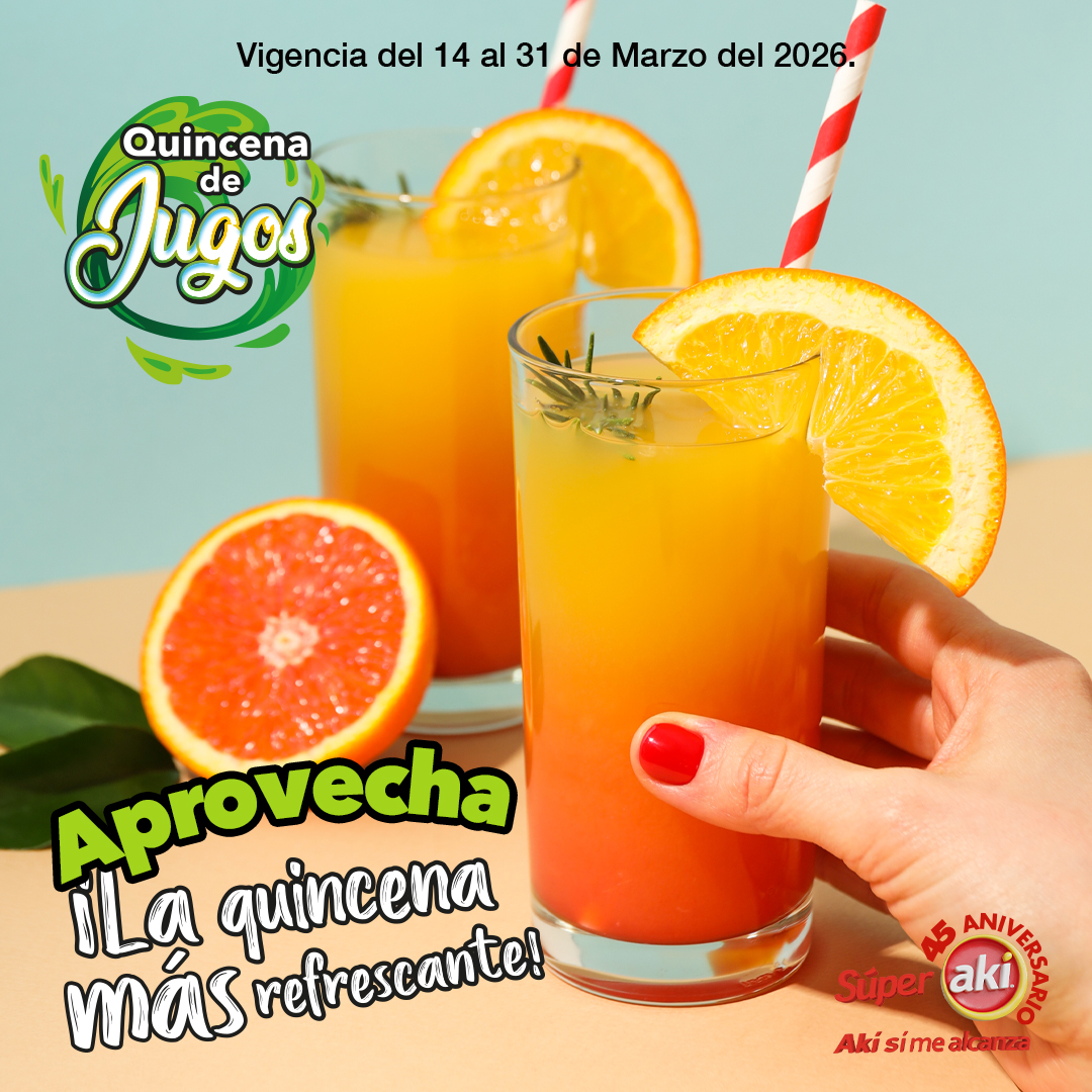 ¡Dale un respiro a tu día con el sabor más fresco! 🍊🍹 

Nada se compara con ese primer trago de tu jugo favorito para recargar energías. Aprovecha la Quincena de Jugos en Súper Akí y llévate todas las marcas que te encantan a precios increíbles.