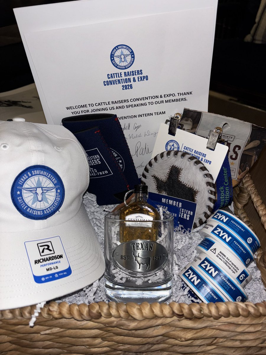 MartySmithESPN's tweet photo. Keynote today at the Texas &amp; Southwestern Cattle Raisers Association convention. 
4,500 badass cowboys who take great pride in working the land.
This was the welcome basket they arranged for me.
Respect. 🫡🇺🇸 https://t.co/rGEzVwhtvt